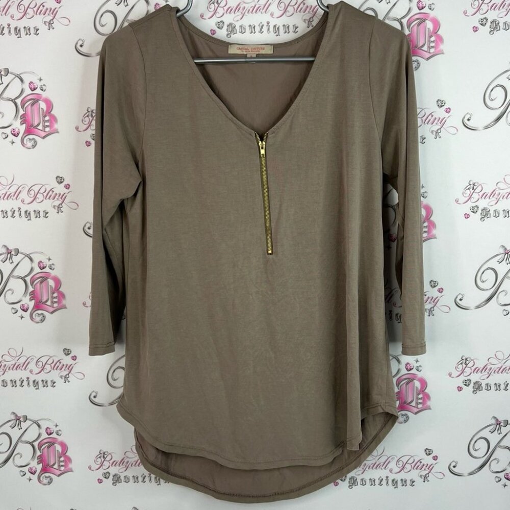Casual couture Green Envelope casual couture zip up Taupe V-Neck Zipper Blouse